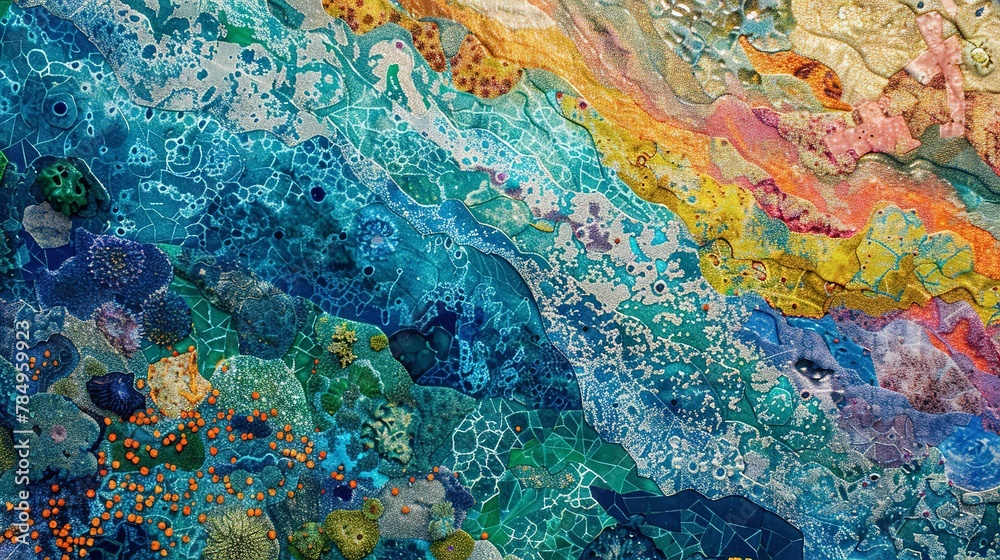 Naklejka premium Coral reef mosaic, top-down view, close-up, vibrant marine tapestry, sunlit waters