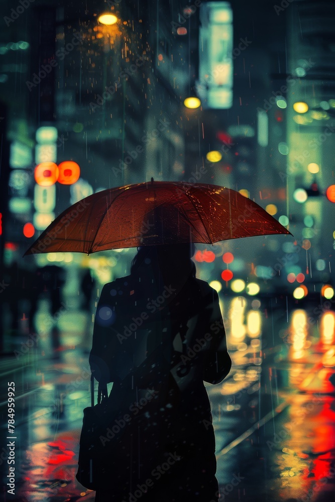 Illustration of a Solitary Woman Holding a Red Umbrella in the Rainy City Night, Evoking Loneliness and Isolation