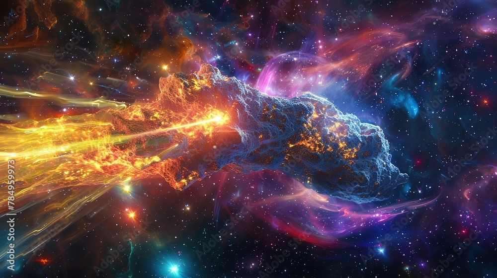 Space abstract background, burning comet, flash, laser through the stone, bright colors Space abstract background, burning comet, flash, laser through the stone, bright colors