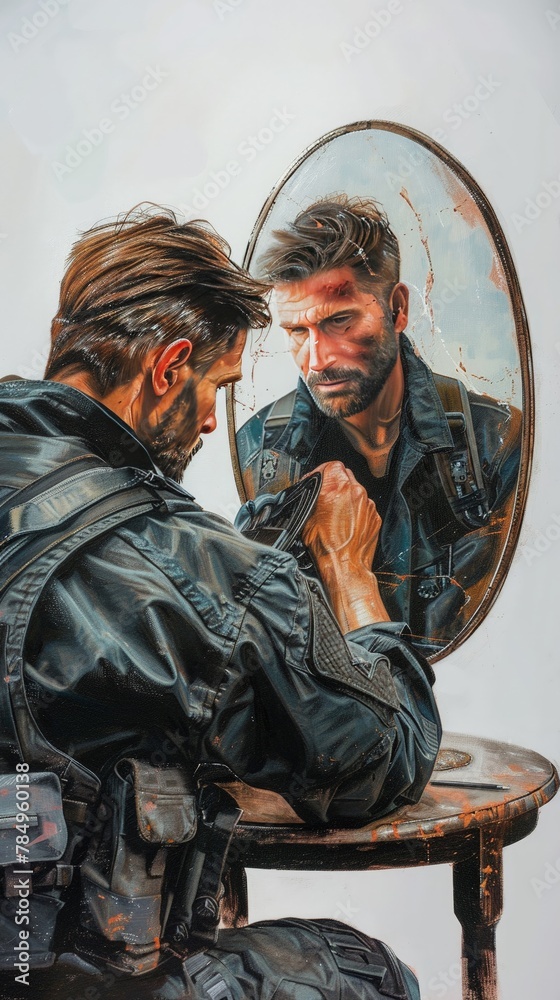 An oilpainted airbrush depiction of a the guy infront of the mirror