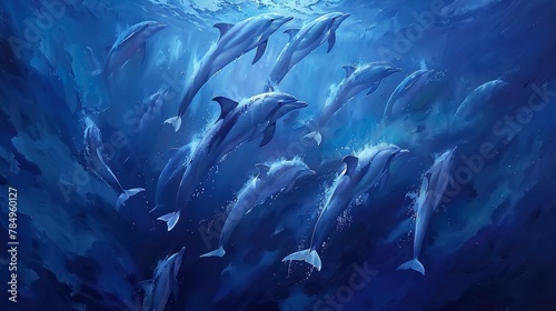 Pod of dolphins, aerial dance, top-down close-up, playful spirits, ocean's joy, deep blue 
