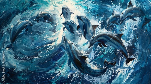 Pod of dolphins, aerial dance, top-down close-up, playful spirits, ocean's joy, deep blue