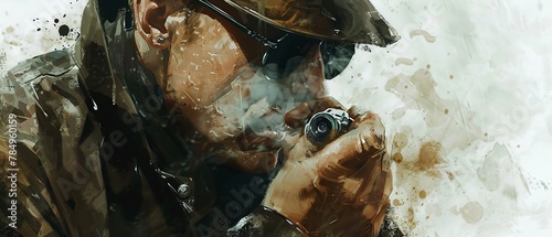 An oilpainted airbrush scene where a mercenary spy examines a fingertip gadget, reflecting a blend of espionage and technology,  photo