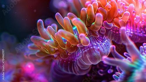 Coral polyps opening, vibrant hues, close-up, eye-level, reef life, soft glow