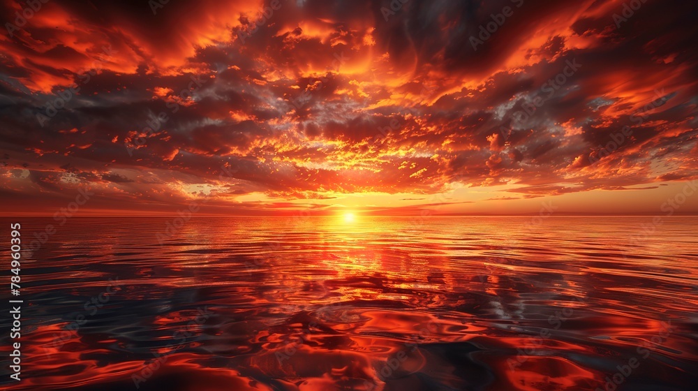 Sunset blaze on ocean, close-up, low angle, fiery sky mirrored, tranquil sea 