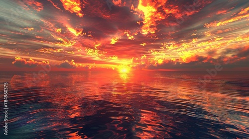 Sunset blaze on ocean, close-up, low angle, fiery sky mirrored, tranquil sea