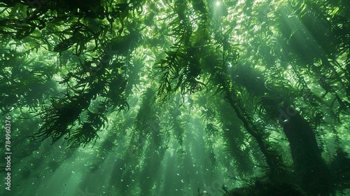 Seaweed forest, swaying, close-up, ground-level camera, green canopy, underwater calm © Thanthara