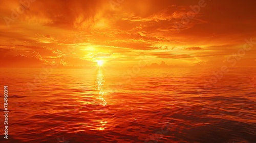 Sunset blaze on ocean, close-up, low angle, fiery sky mirrored, tranquil sea