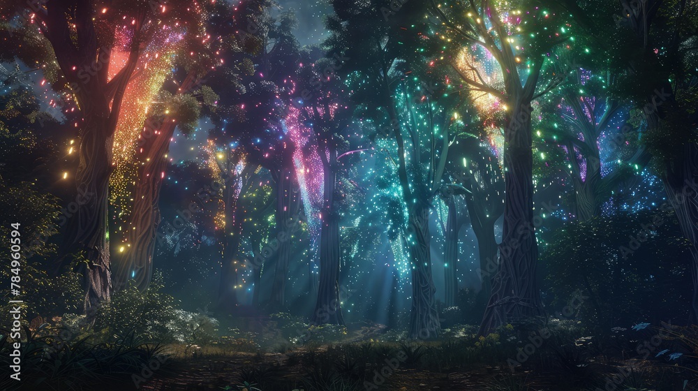  An enchanting view of fireworks illuminating the sky above a forest. The bursts of vibrant colors create a mesmerizing display