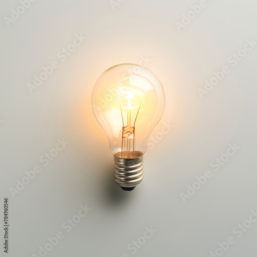 Single glowing light bulb on plain background