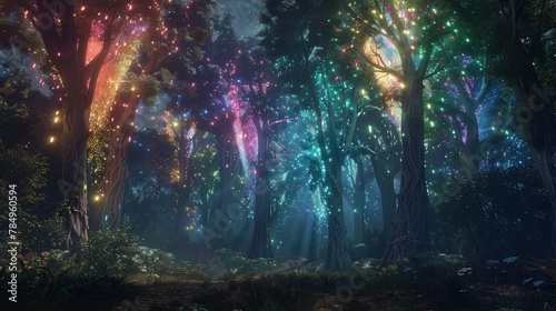  An enchanting view of fireworks illuminating the sky above a forest. The bursts of vibrant colors create a mesmerizing display