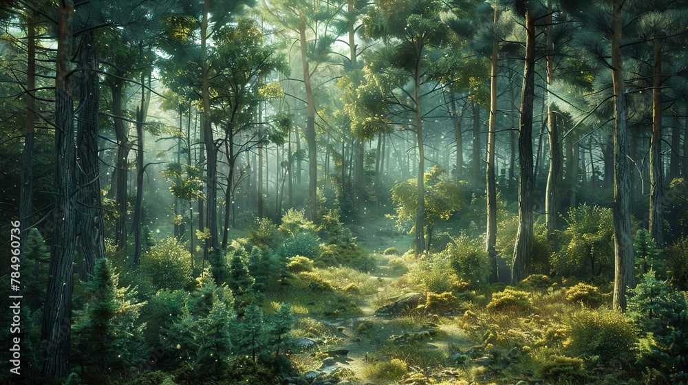 Fototapeta premium Digital Forest Renderings: Digital artworks or manipulated photographs that present stylized or fantastical versions of forests.