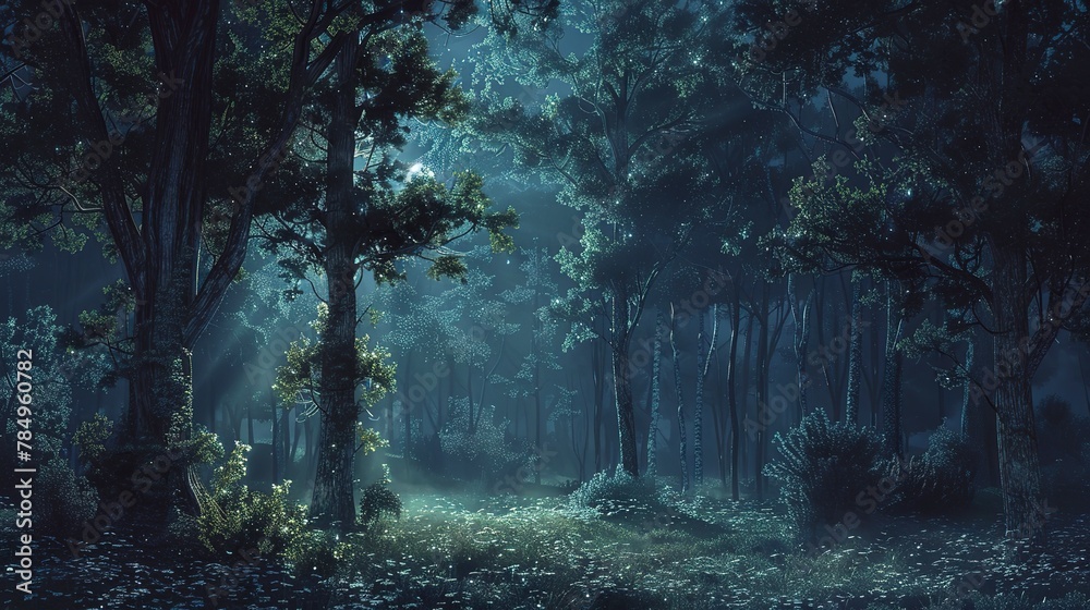 Night Forests: Scenes depicting forests under moonlight or in the twilight, focusing on the interplay of light and darkness. Night Forests: Scenes depicting forests under moonlight or in the twilight, focusing on the interplay of light and darkness.