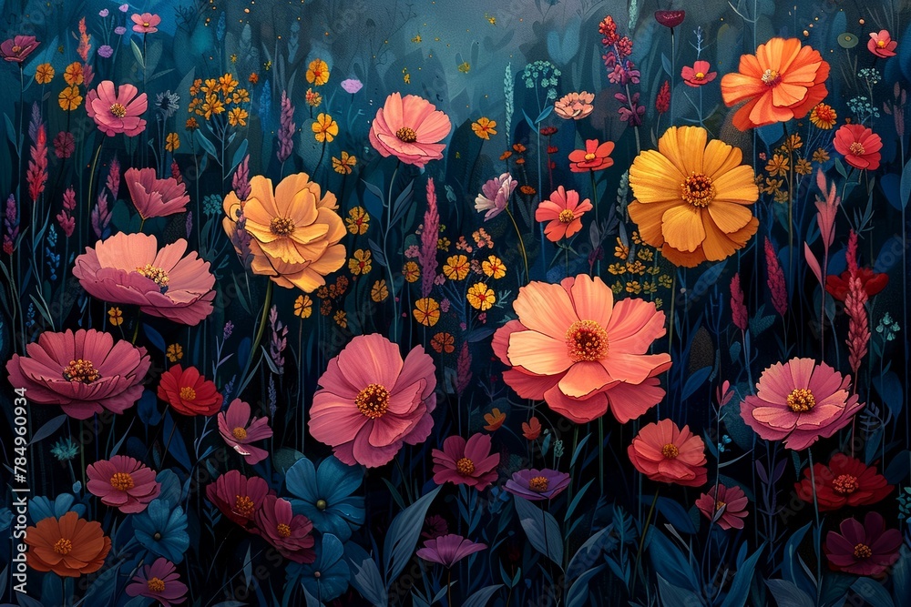 A blooming garden, illustration in the style of psychedelic painting