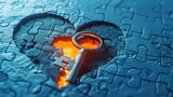 A puzzle in the shape of a heart, glowing key fits the missing piece slot, on a serene blue background