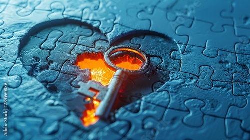 A puzzle in the shape of a heart, glowing key fits the missing piece slot, on a serene blue background photo