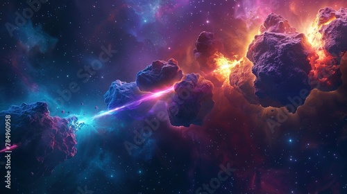 Space abstract background, burning comet, flash, laser through the stone, bright colors