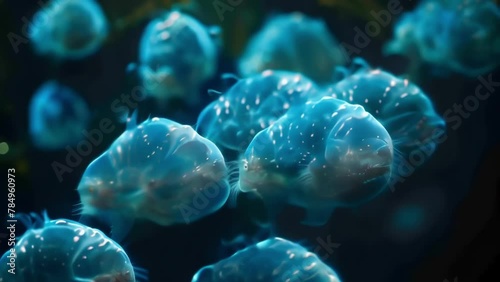 A vibrant image of water bears in their dormant state known as tun form with their chubby bodies curled and tough exterior shells . AI generation. photo