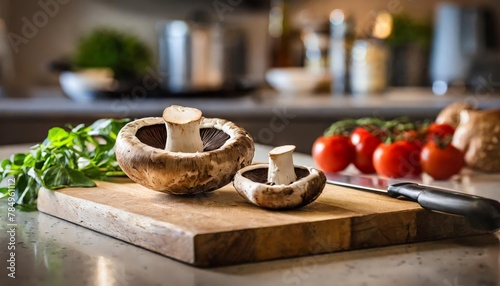 A selection of fresh vegetable  portobello mushroom  sitting on a chopping board against blurred kitchen background  copy space