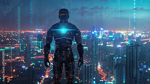 Artificial Intelligence Robot standing tall amidst a futuristic cityscape defending against cyber attacks with force fields 3D Render Silhouette lighting HDR photo