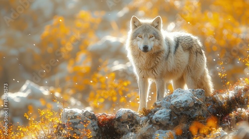 Grey Wolf Prowling Along the Edge of a Rocky Cliff, Surveying the Terrain Below. photo