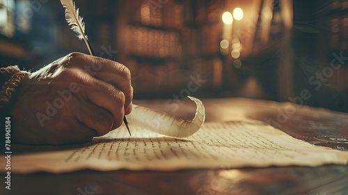 Writing on parchment materials, writing on papyrus, medieval invention, old art of cursive, script quill writing,  writing the holy scriptures in ancient times,  photo
