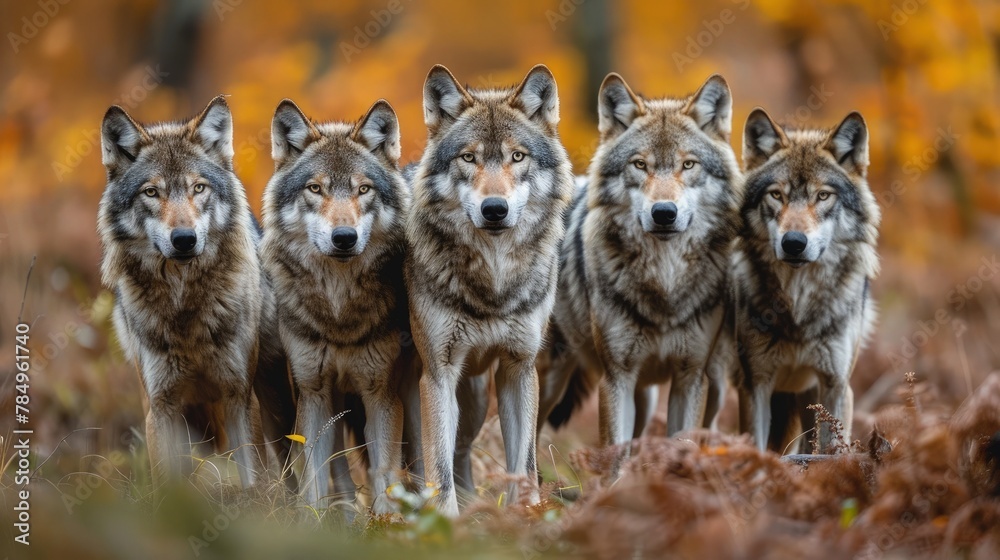 Wolf Pack Hunting Together in the Dense Forest, Coordinating Their Movements with Precision.