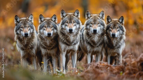 Wolf Pack Hunting Together in the Dense Forest, Coordinating Their Movements with Precision. © pengedarseni