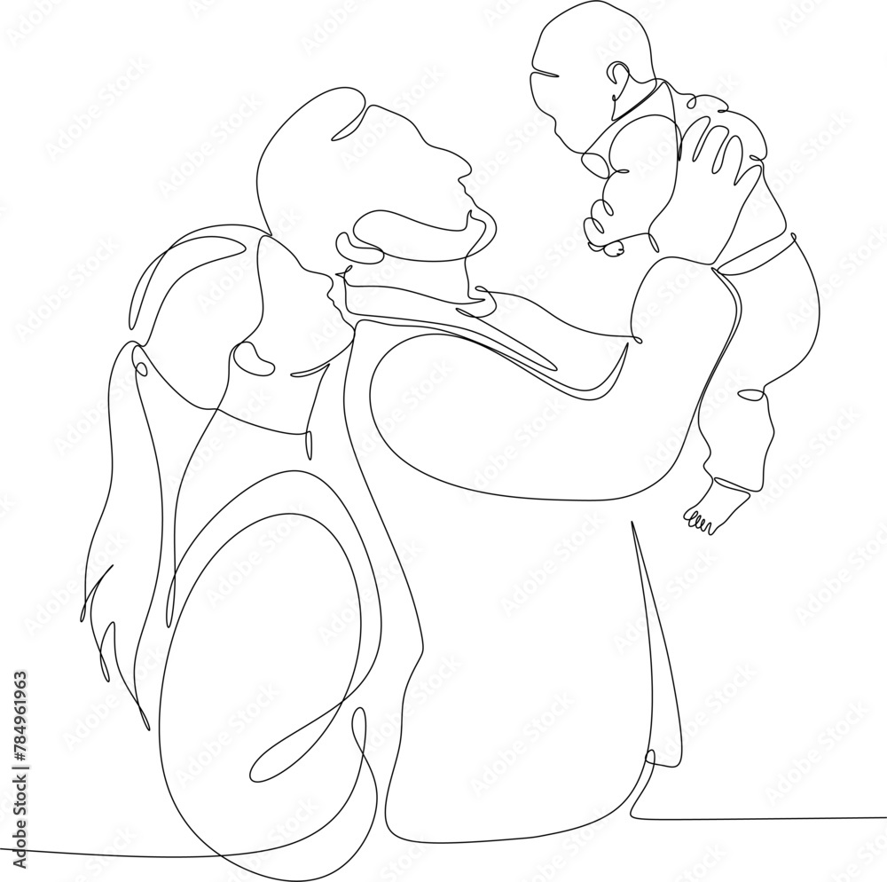 Continuous one line drawing. Happy family father and mother with children. Hand-drawn without artificial intelligence
