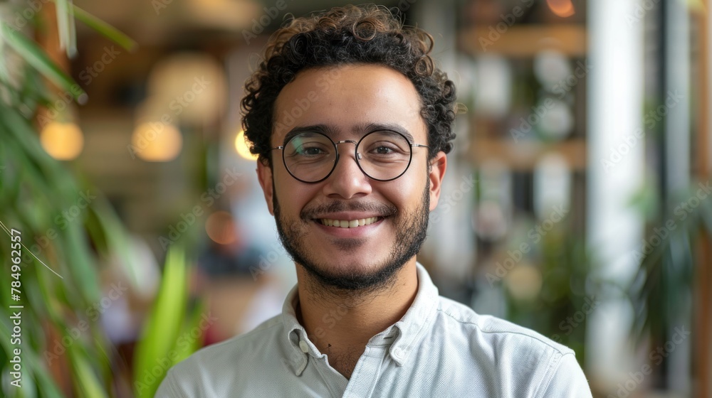 Fototapeta premium Close-up portrait of a successful young Egyptian man in standing office. Smiling male entrepreneur with eyeglasses standing at startup looking at camera.