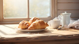Freshly Baked Croissants on Sunny Window Sill, French Breakfast Pastries, Morning Light with Copy Space