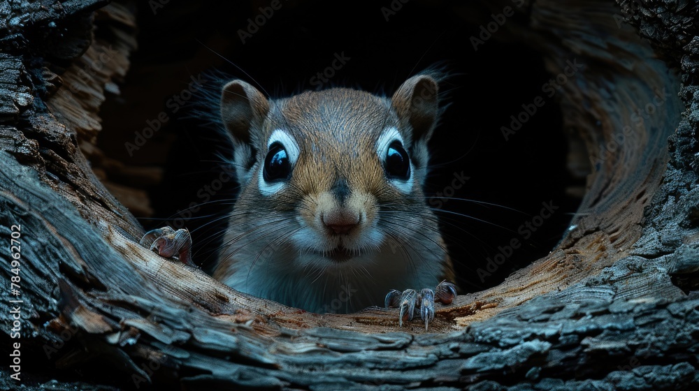 Obraz premium Southern Flying Squirrel Curled Up in a Hollow Tree Trunk, Its Large Eyes Peering Out inquisitively.