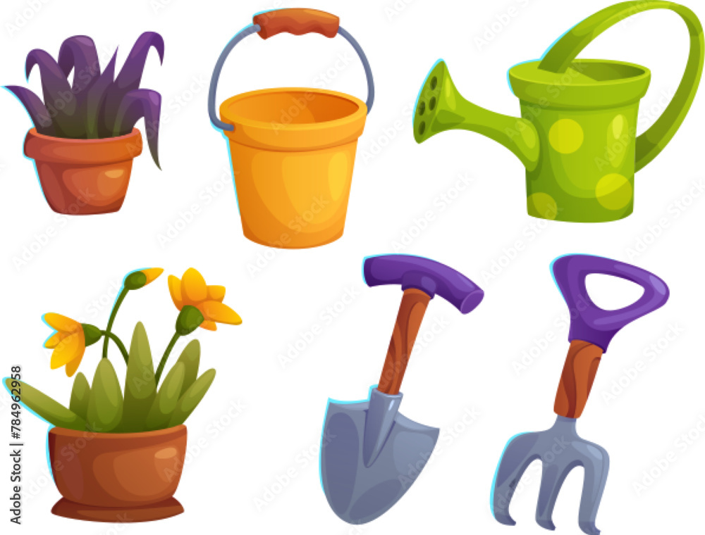 Greenhouse garden rake, shovel and flower nursery vector tool icon. Isolated bucket, spade and flowerpot for care and cultivation hobby collection. Agronomy interior object props set for game - obrazy, fototapety, plakaty 