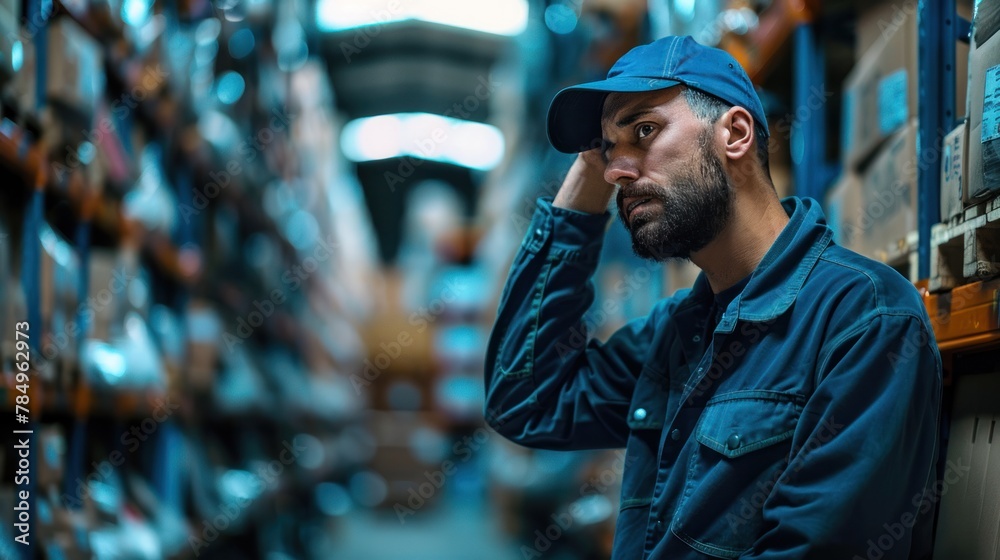 Fototapeta premium Tired worker holding his head in pain while working in a distribution warehouse