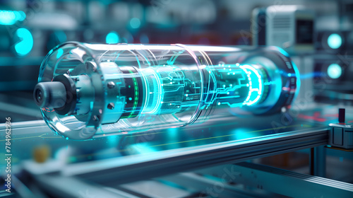 illustration of a modern battery, envisioned as a cornerstone of energy storage technology. The battery is sleek and cylindrical, encapsulated in a transparent, durable casing