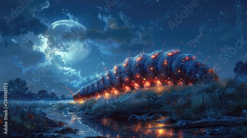 Caterpillar Crossing a Moonlit Stream, Reflections Dancing on the Water's Surface.