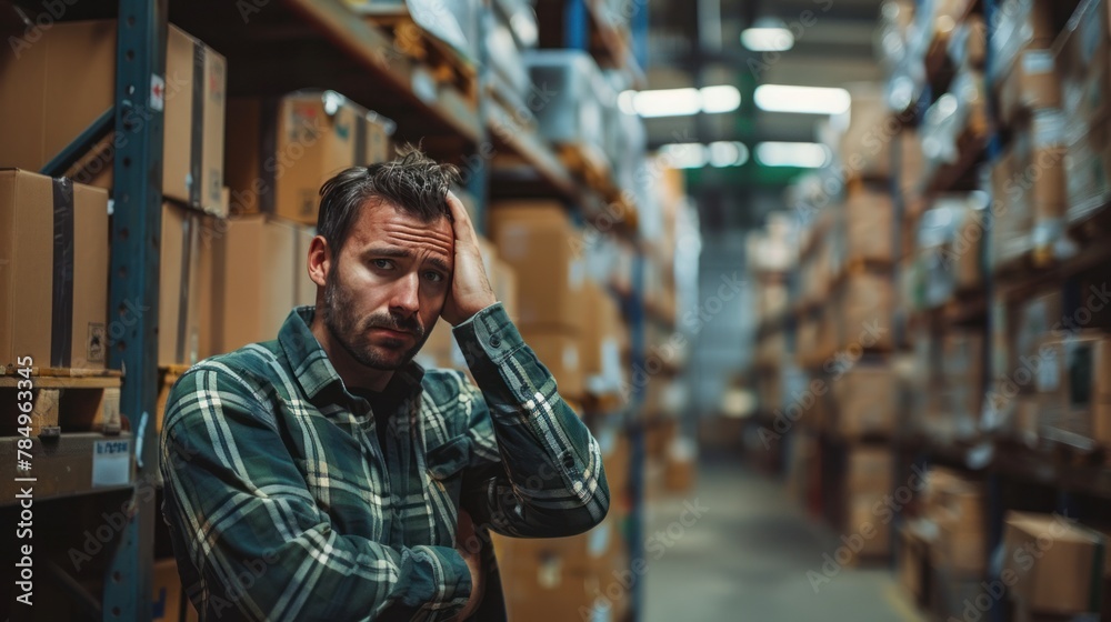Tired worker holding his head in pain while working in a distribution warehouse Tired worker holding his head in pain while working in a distribution warehouse