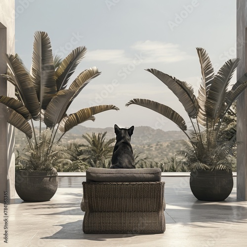 Capture the essence of the Bantu expansion in a visually striking image Blend outdoor pet elements seamlessly with chic style and midcentury aesthetics to create a unique and memorable portrayal photo