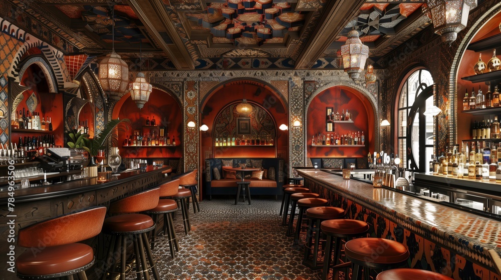 Ornate Moroccan-Style Bar Interior with Lanterns and Mosaic