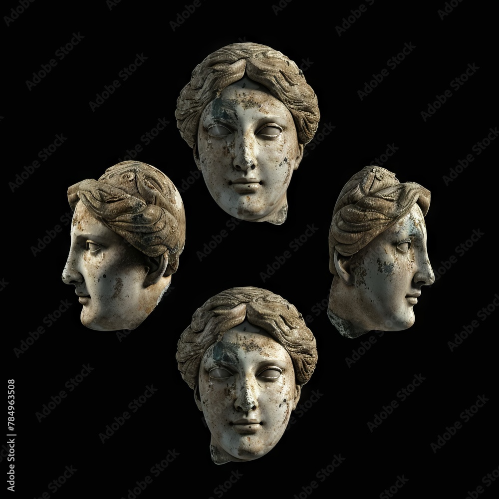Obraz premium Classical ancient marble gypsum stoic, roman, greek bust, busts head sculpture against a colored background representing historical figures 