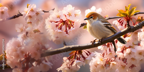 A bird sits on a branch of a tree with pink flowers plumage beauty with pinkish background 