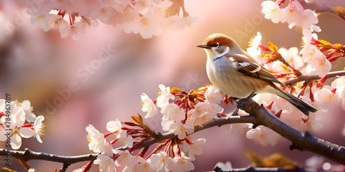 Photo of a yellow finch sitting on a branch of a light purple plum blossom tree  © Safia