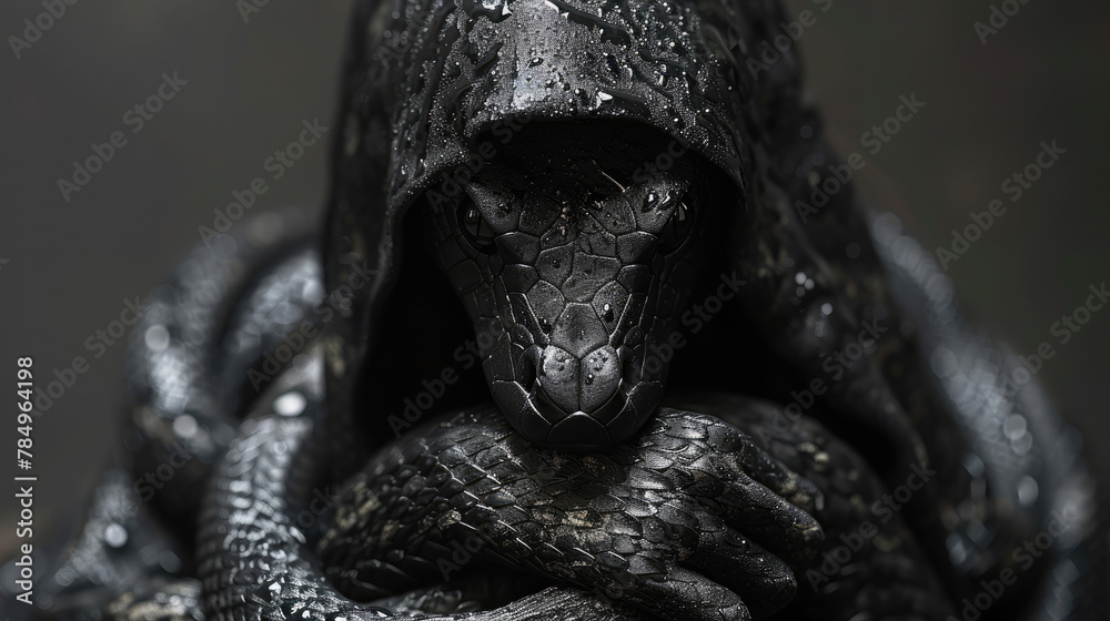 Stealthy Black Mamba Alien, Hood Flared, Coiled in Defensive Stance, Ready to Strike. Stealthy Black Mamba Alien, Hood Flared, Coiled in Defensive Stance, Ready to Strike.