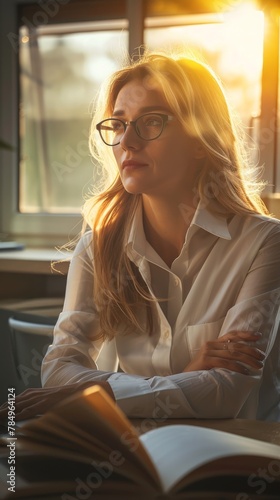 A woman is seated at a table, reading an open book in a cozy indoor setting. She appears focused and engaged in the content of the book. Free Download A woman is seated at a table, reading an open book in a cozy indoor setting. She appears focused and engaged in the content of the book. - GFXLoad