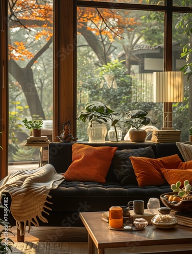 Cozy Living Room Interior with Autumn View