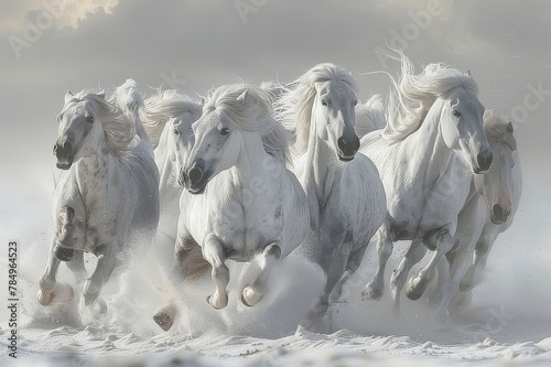 Group of White Horses Running in the Snow