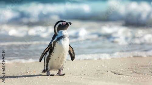 A Little Penguin is standing on a sandy beach next to the ocean, with waves gently rolling in the background. The penguin is looking around its surroundings, possibly contemplating its next move.