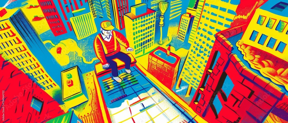 A trader s magic carpet ride over a random, digitized cityscape of stock fluctuations