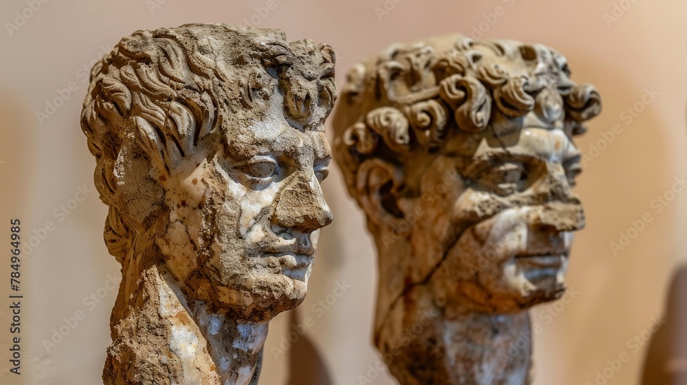 Classical ancient marble gypsum stoic, roman, greek bust, busts head sculpture against a colored background representing historical figures 