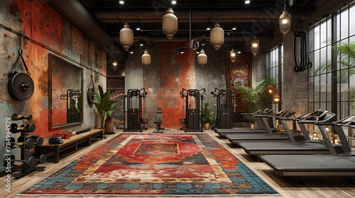 Modern Gym Interior with Eclectic Decor and Exercise Equipment